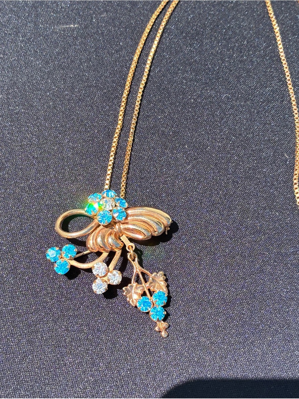 Vintage Aqua Blue Rhinestone Brooch Pendant Necklace Gold Tone Mid Century